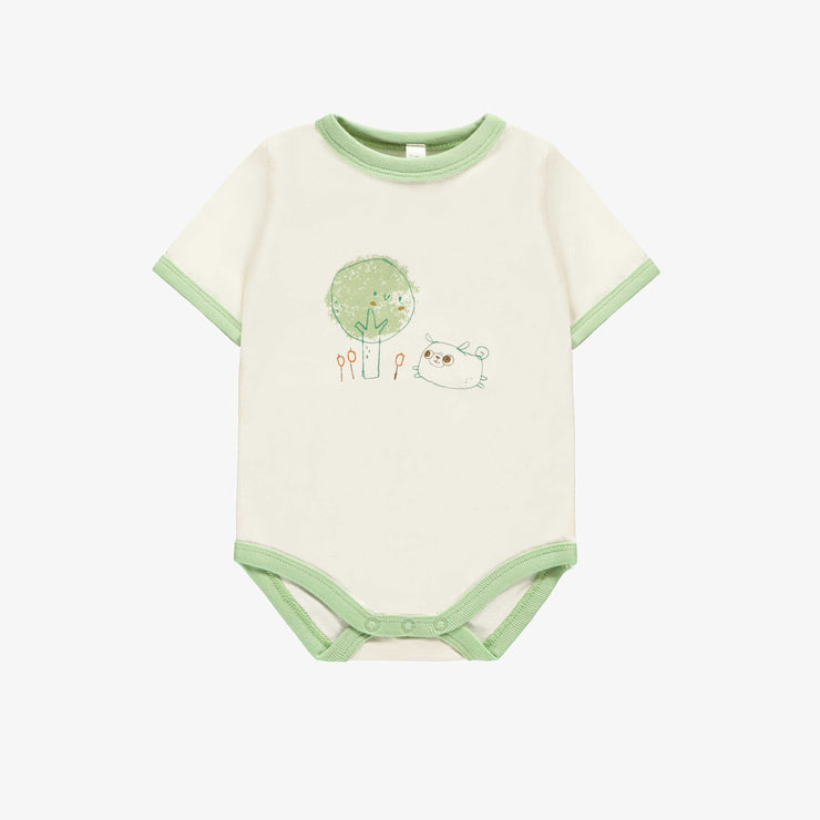 Cache-couche manches longues crème avec illustration en coton biologique, naissance || Cream short-sleeved bodysuit with an illustration in organic cotton, newborn