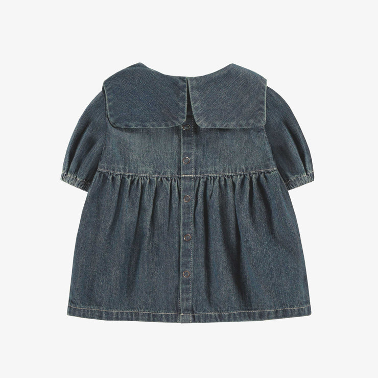 Robe coupe régulière/évasée à manche ¾ en denim léger bleu foncé, naissance