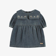 Robe coupe régulière/évasée à manche ¾ en denim léger bleu foncé, naissance || Dark blue light denim dress regular fit, newborn