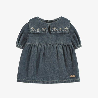 Robe coupe régulière/évasée à manche ¾ en denim léger bleu foncé, naissance || Dark blue light denim dress regular fit, newborn