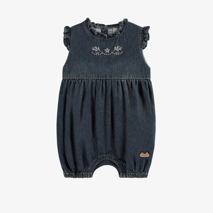Une pièce coupe régulière en denim léger bleu foncé, naissance || Dark blue one piece in light denim regular fit, newborn