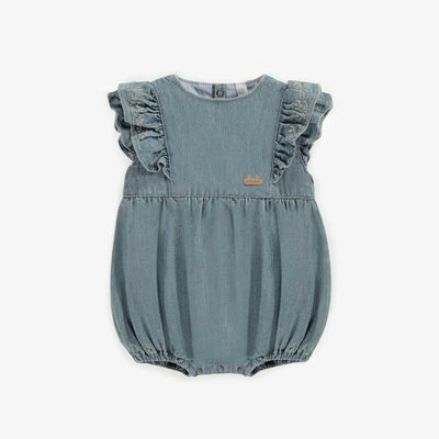 Une pièce coupe régulière en denim léger bleu pâle, naissance || Light blue one piece in lightweight denim regular fit, newborn