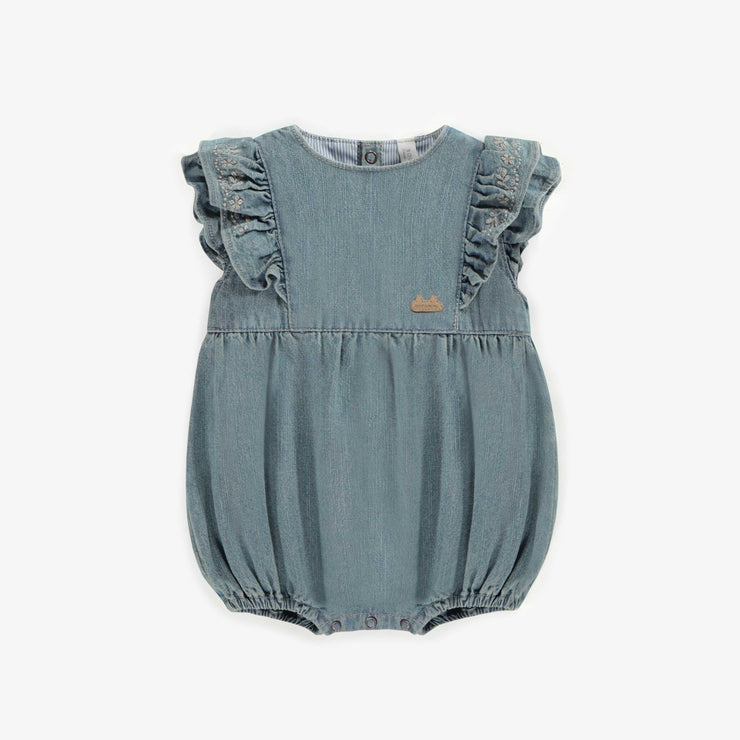 Une pièce coupe régulière en denim léger bleu pâle, naissance || Light blue one piece in lightweight denim regular fit, newborn