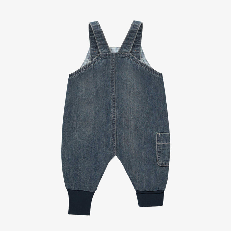 Salopette évolutive coupe décontractée en denim léger bleu foncé, naissance || Lightweight dark blue denim relaxed fit and evolutive overalls, newborn