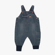 Salopette évolutive coupe décontractée en denim léger bleu foncé, naissance || Lightweight dark blue denim casual fit and evolutive overalls, newborn