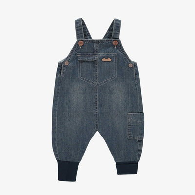 Salopette évolutive coupe décontractée en denim léger bleu foncé, naissance || Lightweight dark blue denim casual fit and evolutive overalls, newborn