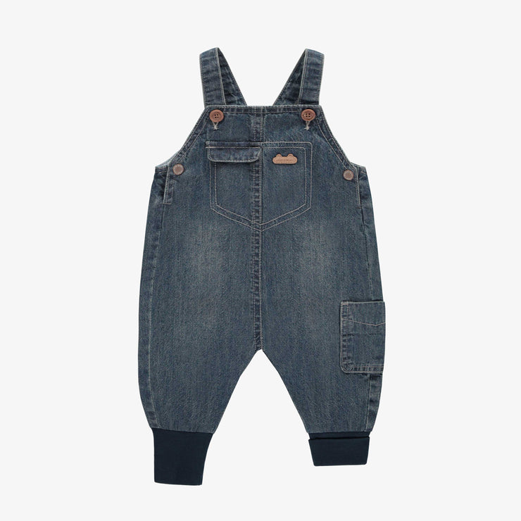 Salopette évolutive coupe décontractée en denim léger bleu foncé, naissance || Lightweight dark blue denim casual fit and evolutive overalls, newborn