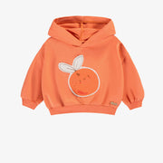 Chandail à capuchon orange avec illustration en doux coton, naissance || Orange hoodie with print in soft cotton, newborn