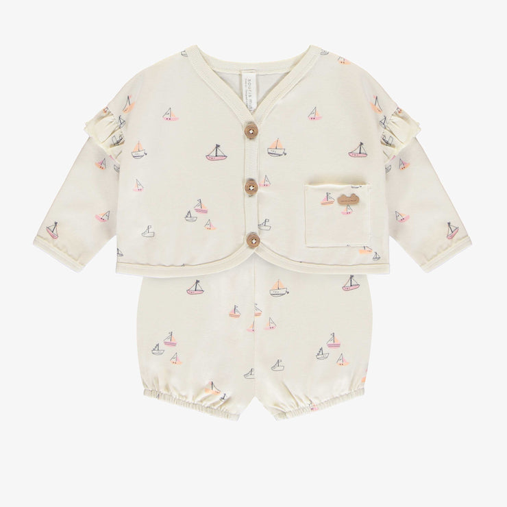 Ensemble deux-pièces veste et short crème avec motif de voiliers en coton biologique, naissance