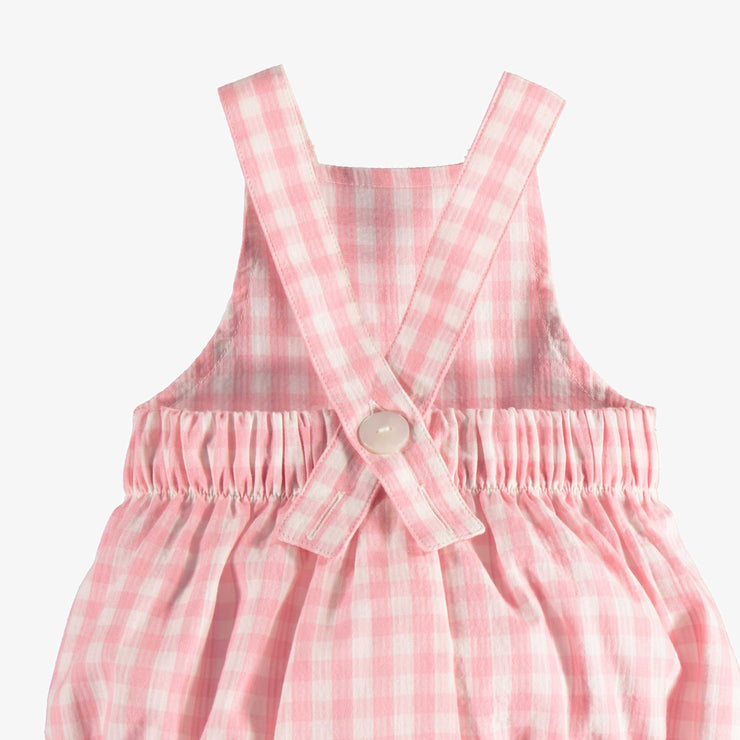 Une pièce à bretelles larges rose et blanc à carreaux en seersucker, naissance || Pink and white plaid one-piece with large straps in seersucker, newborn