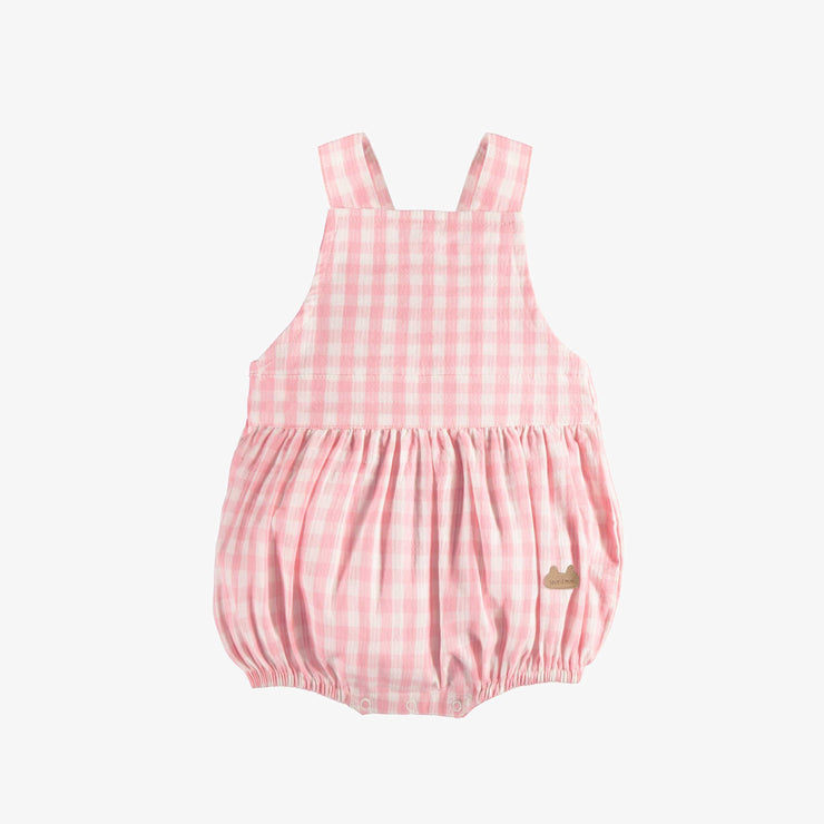 Une pièce à bretelles larges rose et blanc à carreaux en seersucker, naissance || Pink and white plaid one-piece with large straps in seersucker, newborn