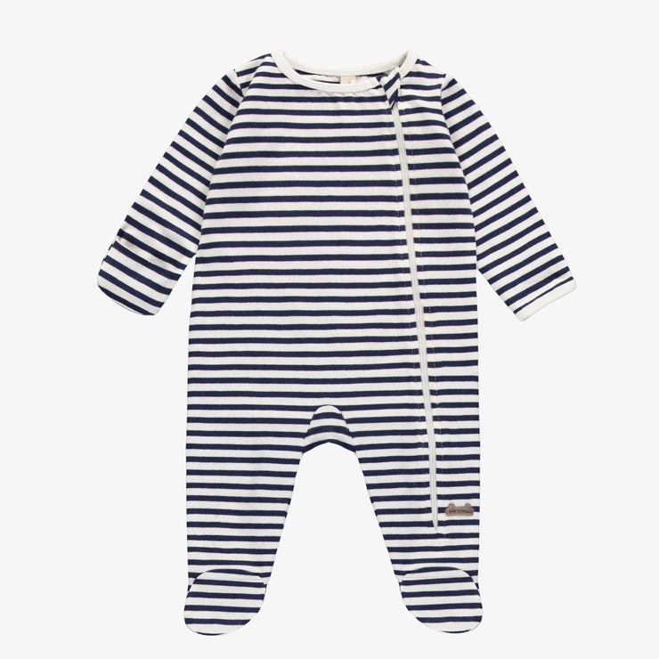 Pyjama une-pièce à manches longues marine et blanc à rayures, naissance || Navy and white striped one-piece long sleeved pajama, newborn