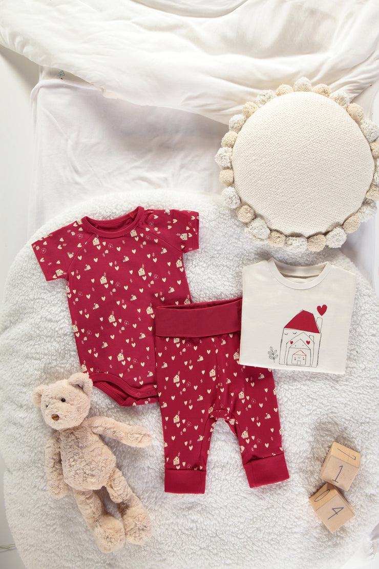 Pantalon évolutif rouge à motif de petits cœurs crème en jersey, bébé