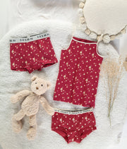 Boxer rouge à motif de cœurs crème en jersey extensible, enfant || Red boxer with cream hearts print in stretch jersey, child