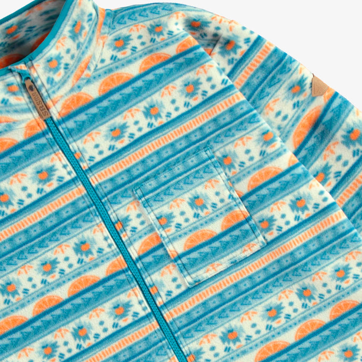 Détail de la veste de polar bleue à motifs et col montant, adulte