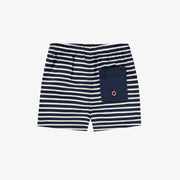 Dos du bermuda de bain blanc et bleu marine à rayures, bébé