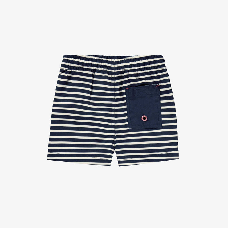 Dos du bermuda de bain blanc et bleu marine à rayures, bébé