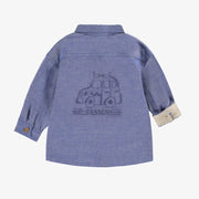 Dos de la chemise bleu chiné en coton chambray, bébé