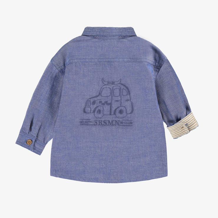 Dos de la chemise bleu chiné en coton chambray, bébé