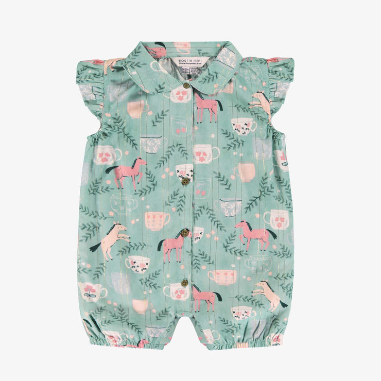 Combishort turquoise en popeline scintillante à motifs de chevaux, bébé