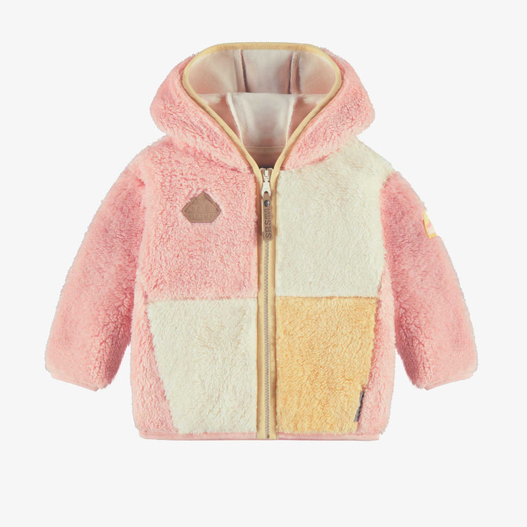 Veste à capuchon en peluche rose avec blocs de couleur, bébé