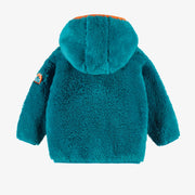 Dos de la veste à capuchon en peluche bleue avec blocs de couleur, bébé