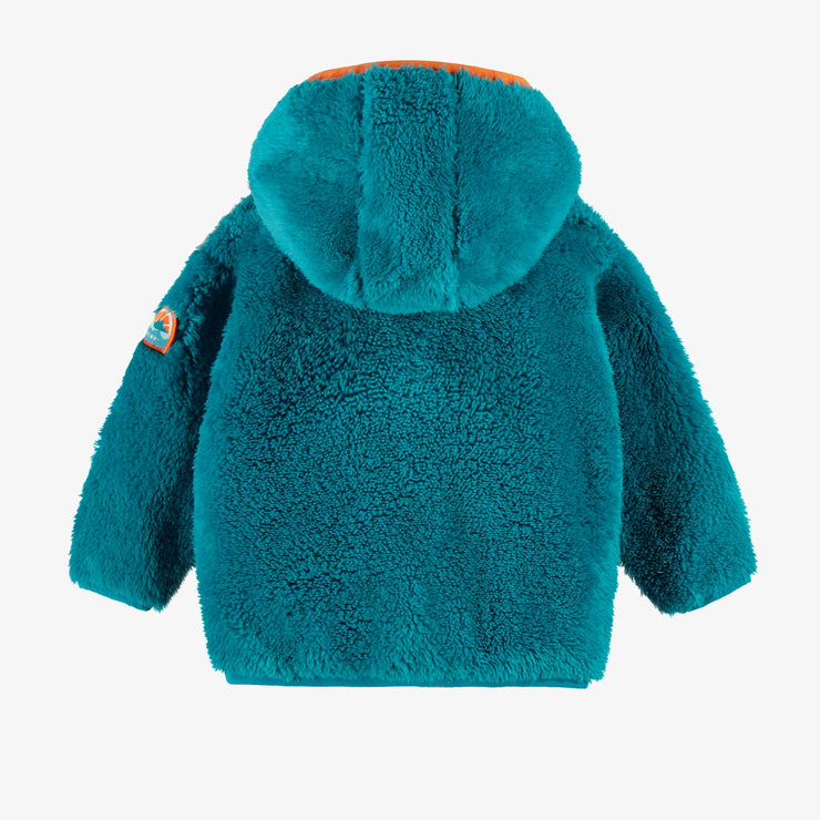 Dos de la veste à capuchon en peluche bleue avec blocs de couleur, bébé