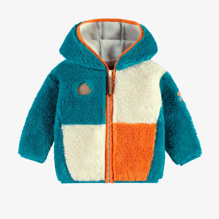 Veste à capuchon en peluche bleue avec blocs de couleur, bébé