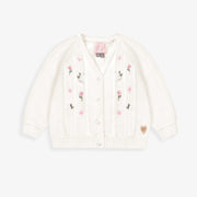 Cardigan blanc en tricot avec détails ajourés et fleurs crochetées, bébé