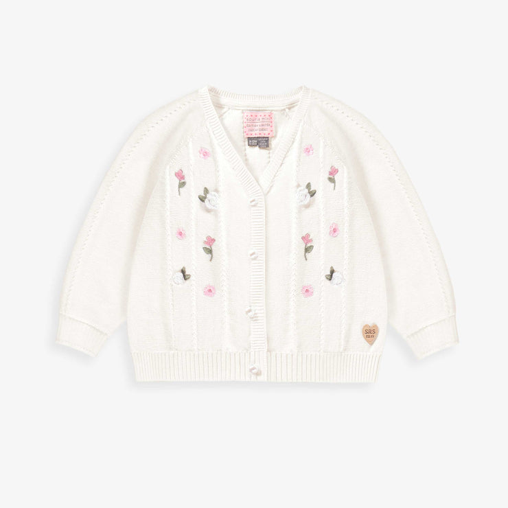 Cardigan blanc en tricot avec détails ajourés et fleurs crochetées, bébé