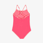 Dos du maillot de bain une pièce rose réversible à rayures, enfant