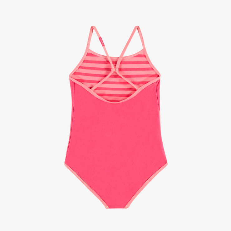 Dos du maillot de bain une pièce rose réversible à rayures, enfant