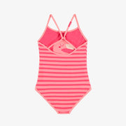 Dos du maillot de bain une pièce rose réversible à rayures, enfant