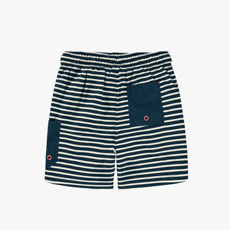Dos du bermuda de bain blanc et bleu marine à rayures, enfant