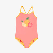 Maillot de bain une pièce rose réversible jaune à motifs de fruits, enfant