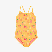 Autre côté du maillot de bain une pièce rose réversible jaune à motifs de fruits, enfant