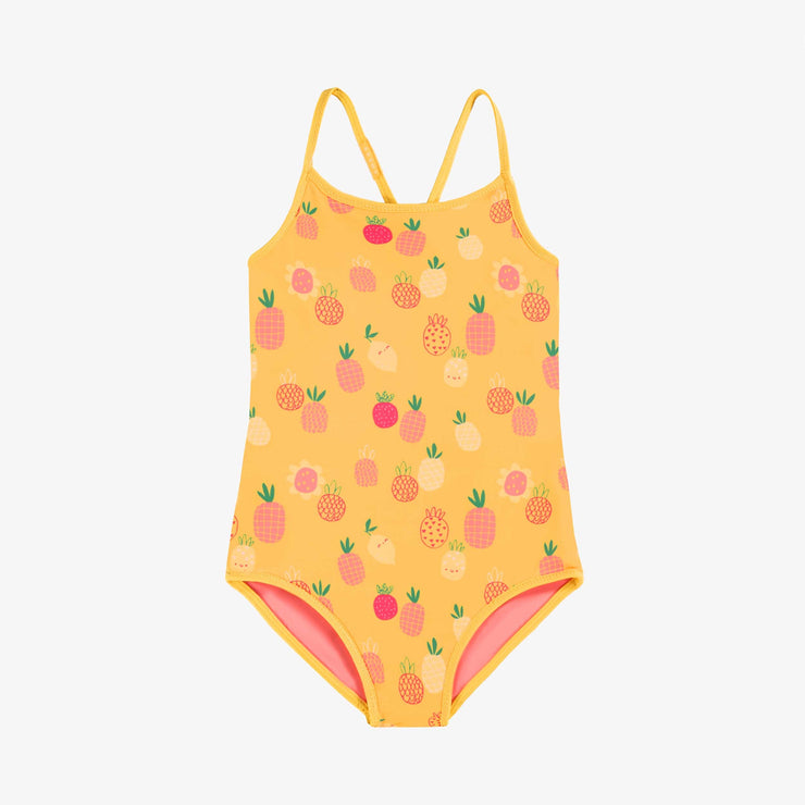 Autre côté du maillot de bain une pièce rose réversible jaune à motifs de fruits, enfant