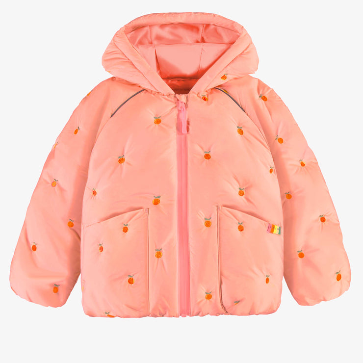 Manteau doudoune à capuchon rose avec broderies, enfant