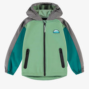 Manteau à capuchon vert, turquoise et gris en coquille souple, enfant