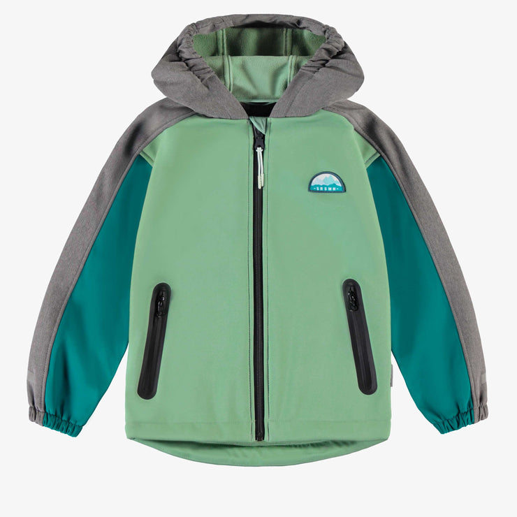Manteau à capuchon vert, turquoise et gris en coquille souple, enfant