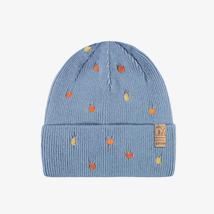 Tuque bleue en tricot avec broderies fruitées, enfant