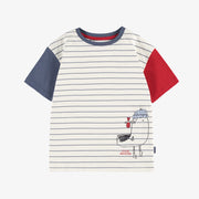 T-shirt crème et bleu à rayures et illustration, enfant