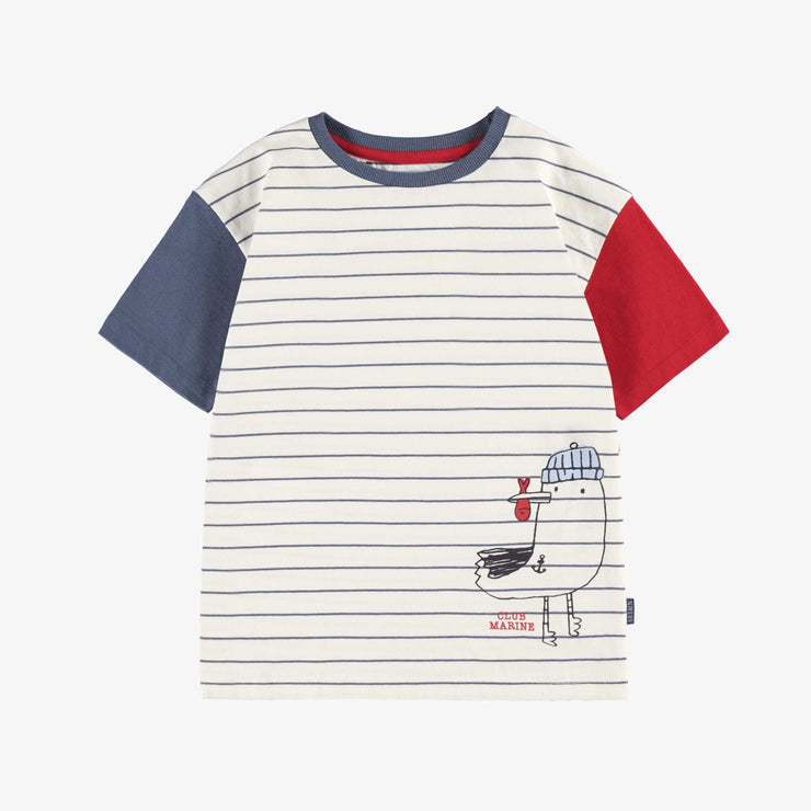 T-shirt crème et bleu à rayures et illustration, enfant