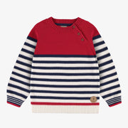 Chandail de tricot rouge, bleu et crème à rayures, enfant