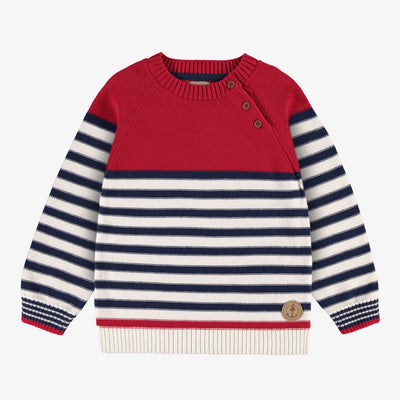 Chandail de tricot rouge, bleu et crème à rayures, enfant