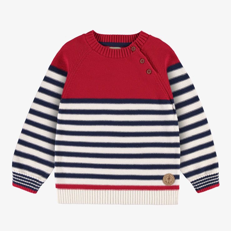 Chandail de tricot rouge, bleu et crème à rayures, enfant