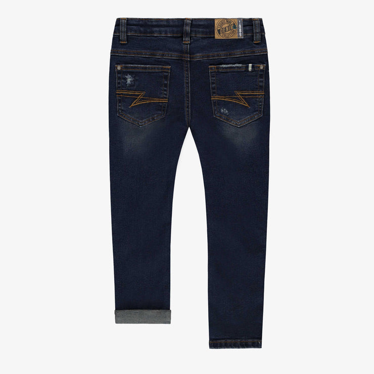 Dos du pantalon en denim bleu foncé effet délavé, enfant