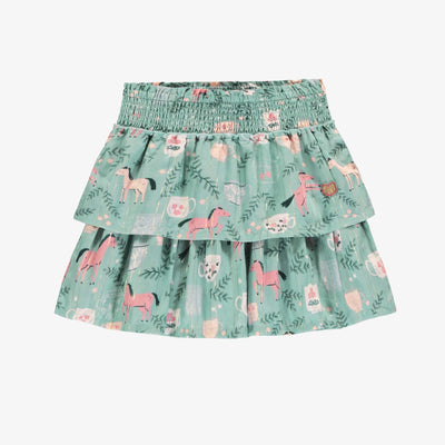 Jupe turquoise cendré en popeline scintillante à motifs de chevaux, enfant