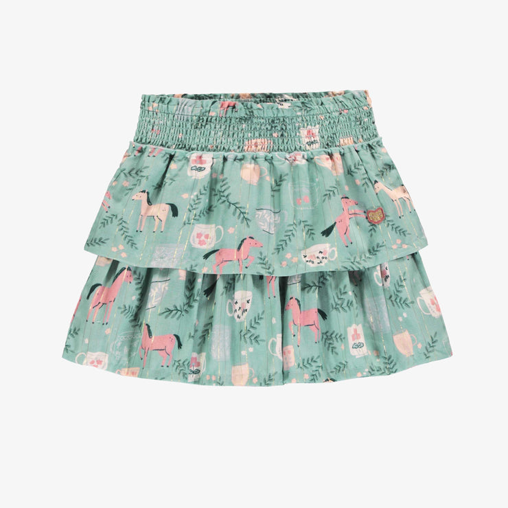 Jupe turquoise cendré en popeline scintillante à motifs de chevaux, enfant