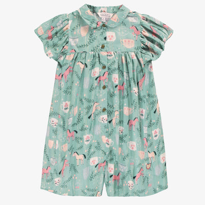 Combishort turquoise cendré en popeline scintillante à motifs de chevaux, enfant